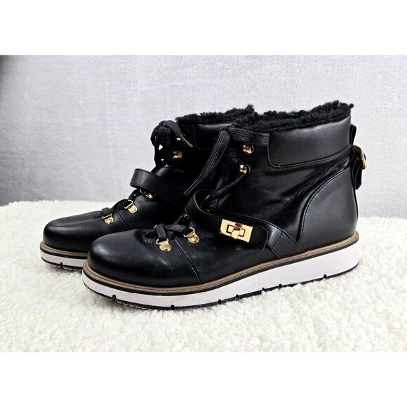 Ankle Boots Urban Hiking Black Lace-Up ARI Justfab Faux Shearling Gold Tone Buck - Picture 1 of 15